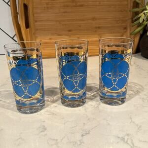 3 mid century modern blue gold highball glasses mid century bar ware masculine